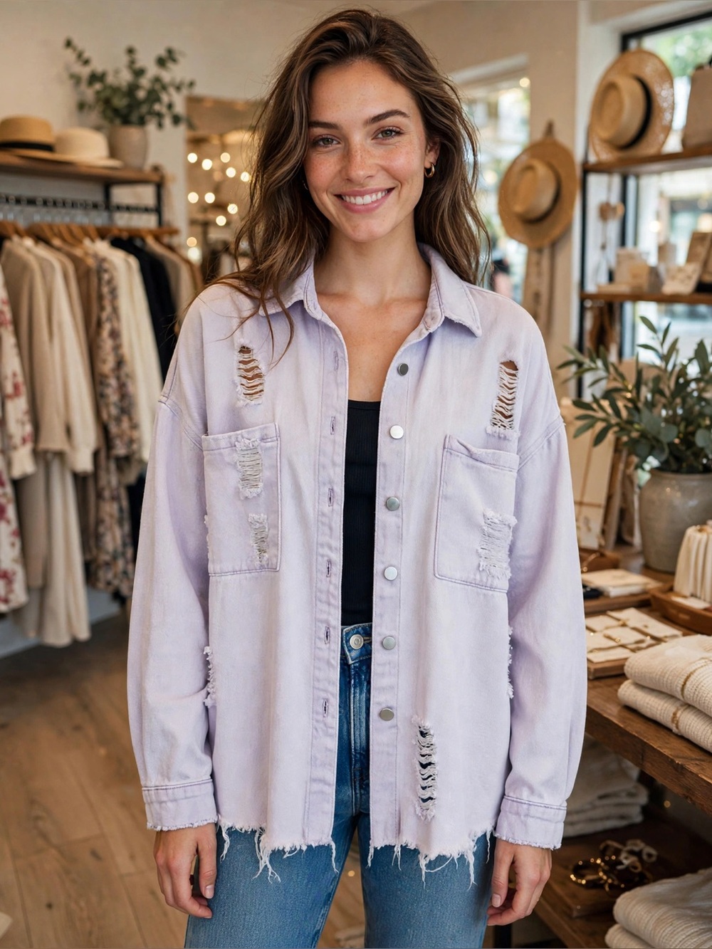 POL Lavender Distressed Denim Jacket